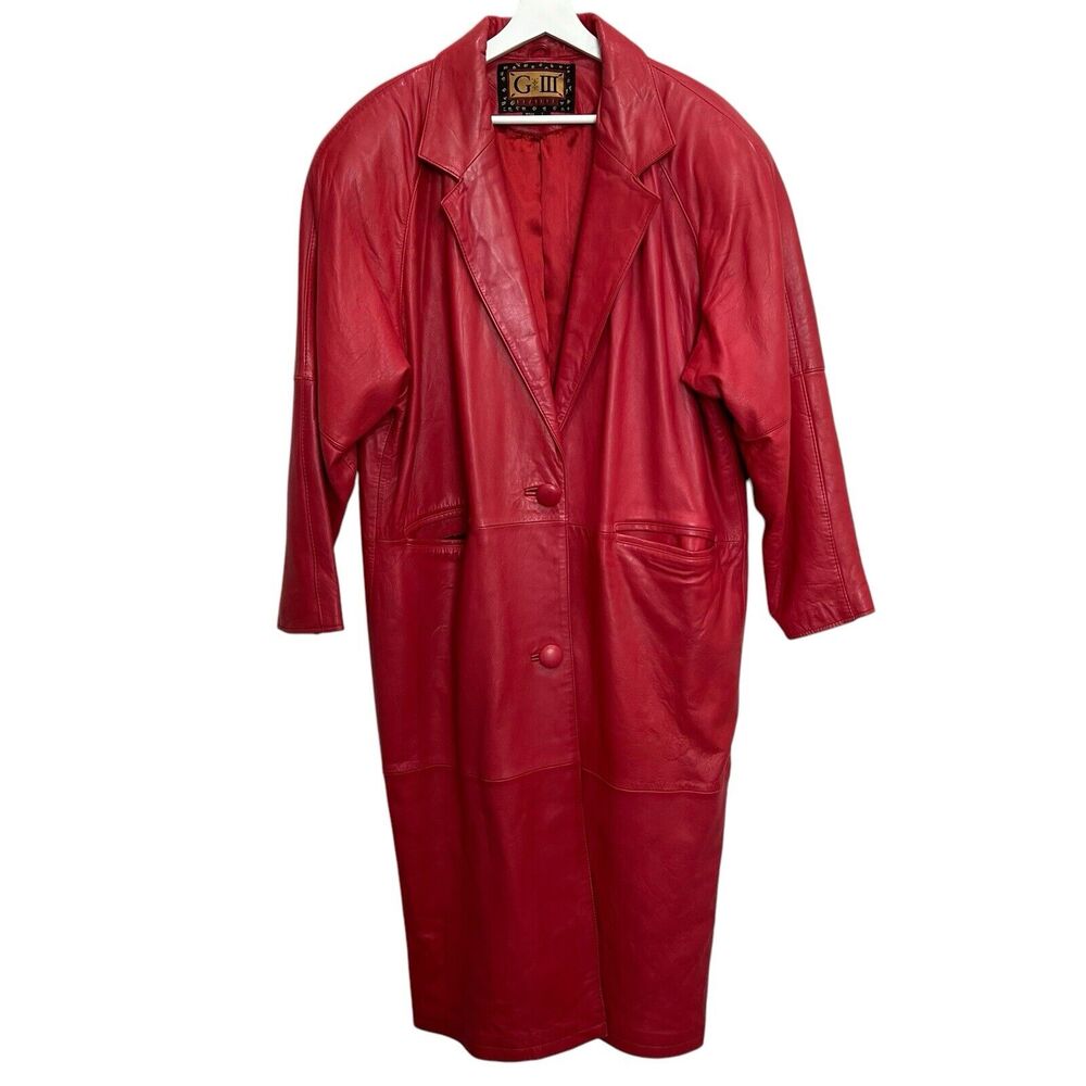 Vintage Large Leather Trench Coat Red Buttery Soft Supple G-3 Shoulder Pads 90’s